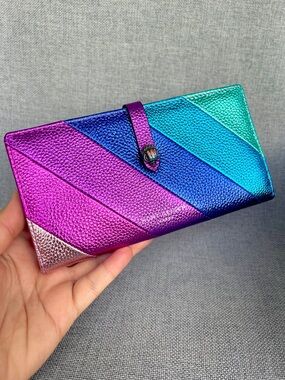 Kurt Geiger Rainbow stripe bifold wallet continental size metallic leather NWT